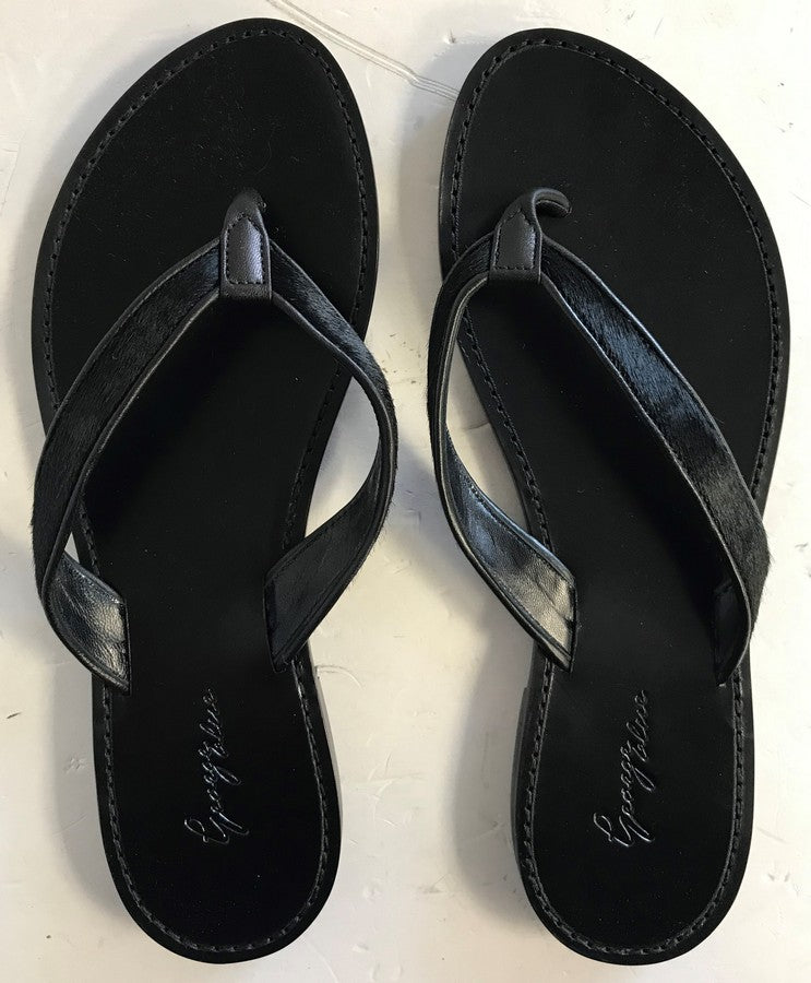 Black Calf Hair Leather Thong Sandal