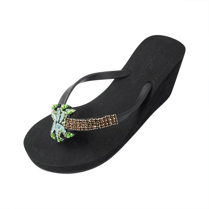 Palm Tree Rhinestone High Wedge Flip Flops