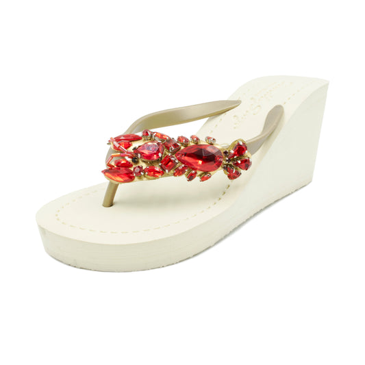 Lobster - Red Crystal Embellished High Wedge Flip Flops Sandal