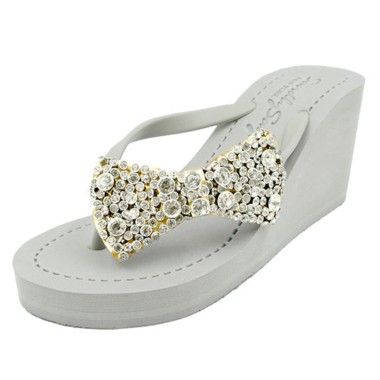 The Madison Bow, High Wedge Flip Flops with Crystal Embellishment