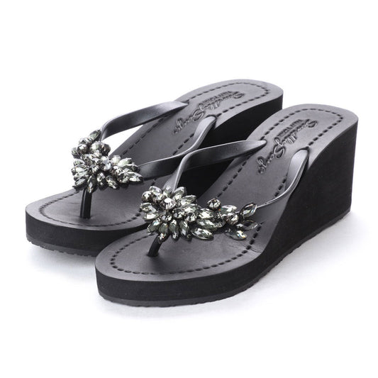 Manhattan Black Crystal Rhinestone Embellished High Wedge Flip Flops