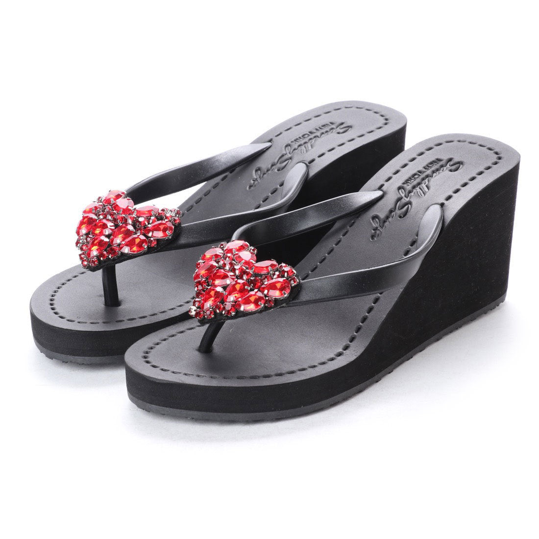 Red Heart - Rhinestone Embellished Women's High Wedge Flip Flops