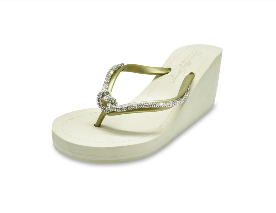 Crystal Knot Rhinestone High Wedge Flip Flops