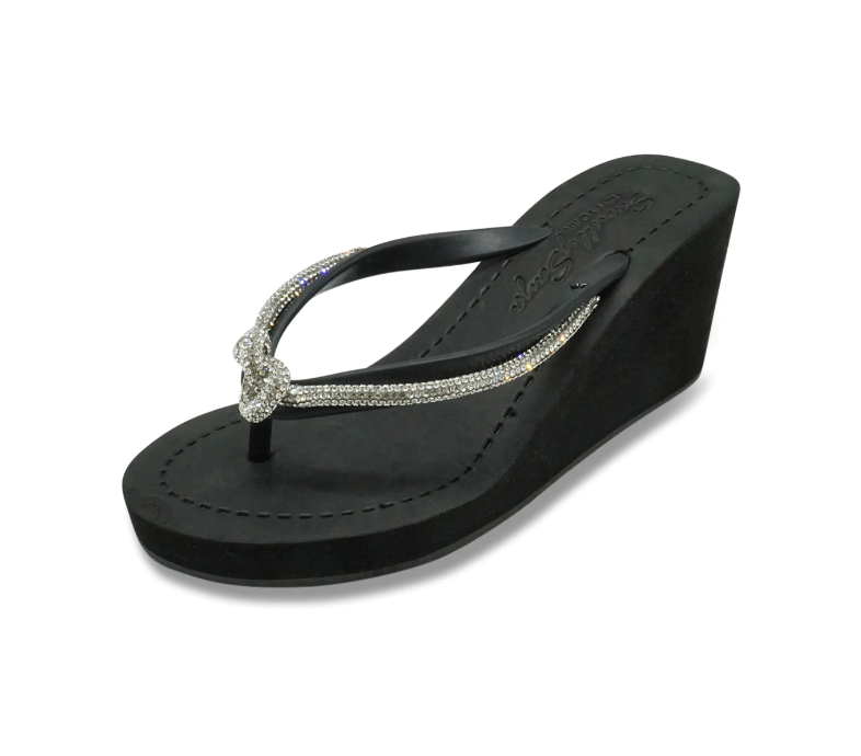 Crystal Knot Rhinestone High Wedge Flip Flops