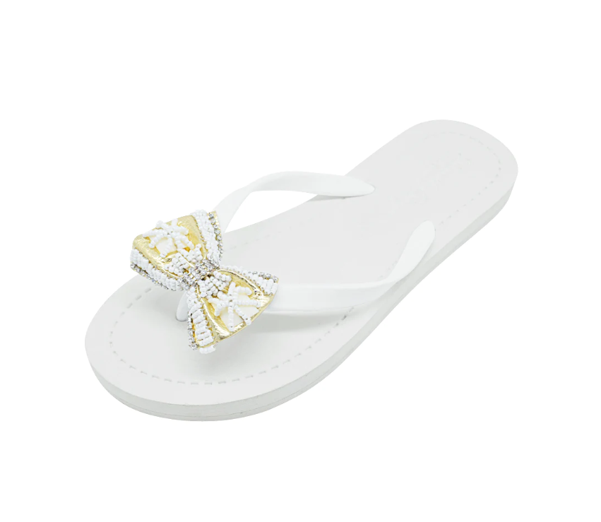 Gold and Pearl Bow-Rhine Stone Embellished Women's Flat Flip Flops - UK SIZE 5